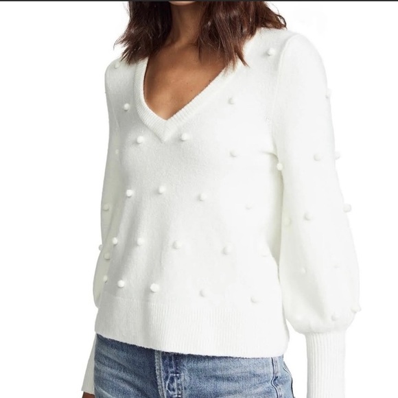 Madewell Dashwood Ivory Bobble V Neck Puff Sleeve Wool Blend Sweater - Picture 2 of 13